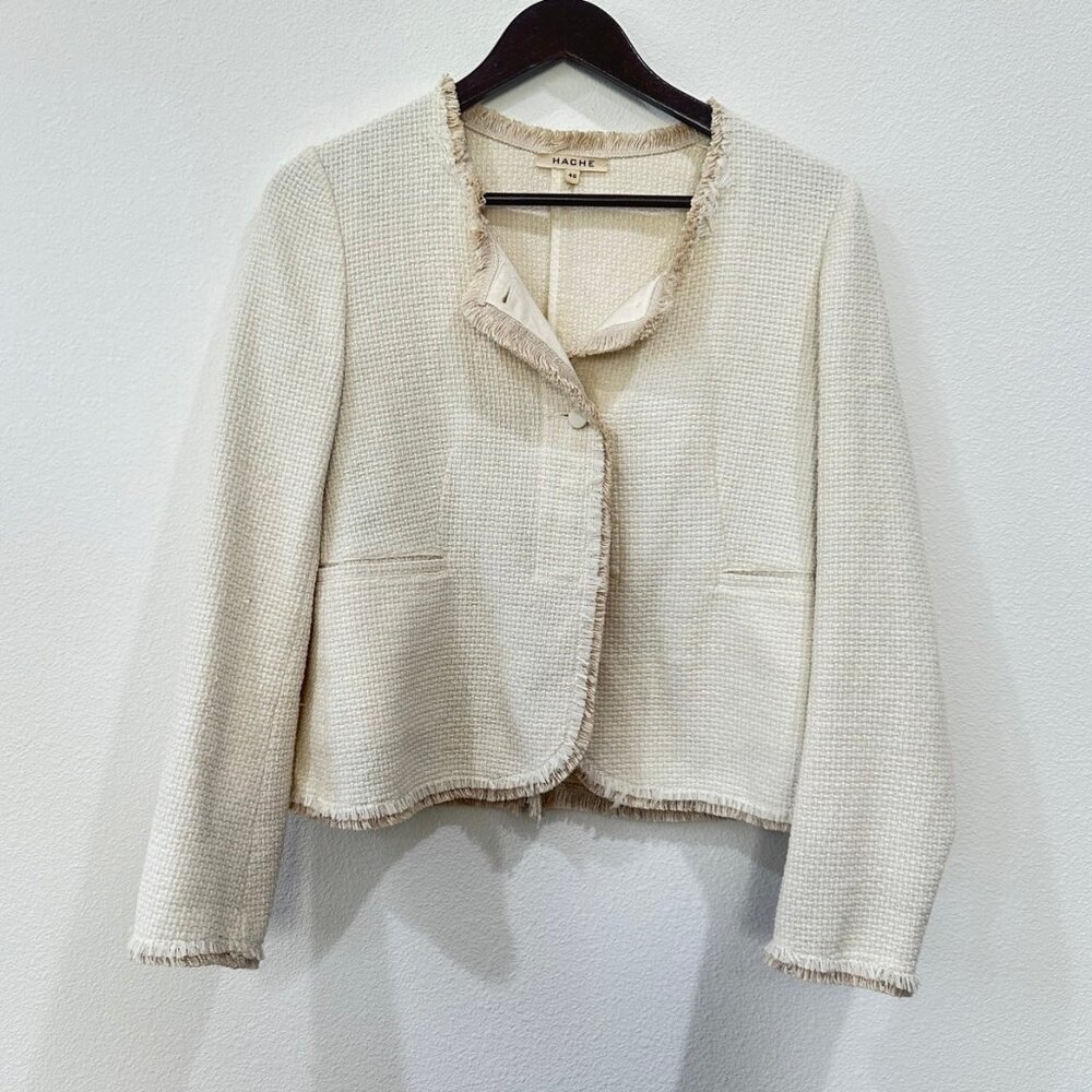 Hache Cream Tweed Blazer with Fringe Hem - Picture 2 of 9